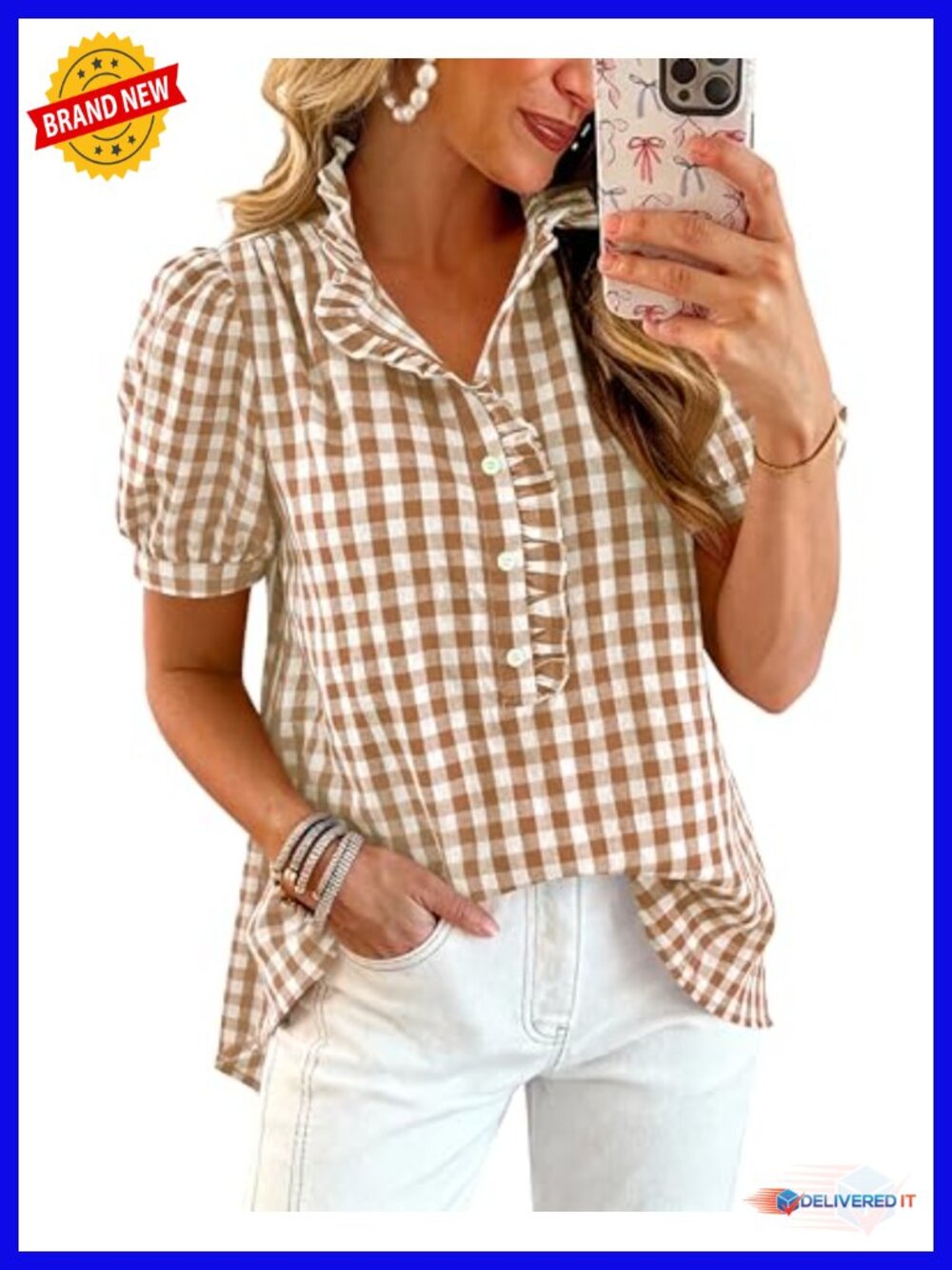 Women Puff Sleeve Striped Boho Tops Plaid Cotton Button Down Shirts